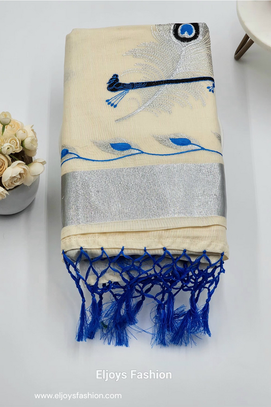 Tissue silk saree Silver and blue  coverts design with blue silver floral borders
