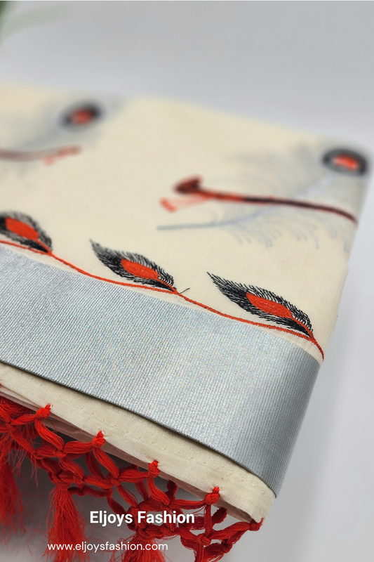 Tissue Silk Saree in beautiful peacock and covert design  in Red, black and silver color Combination
