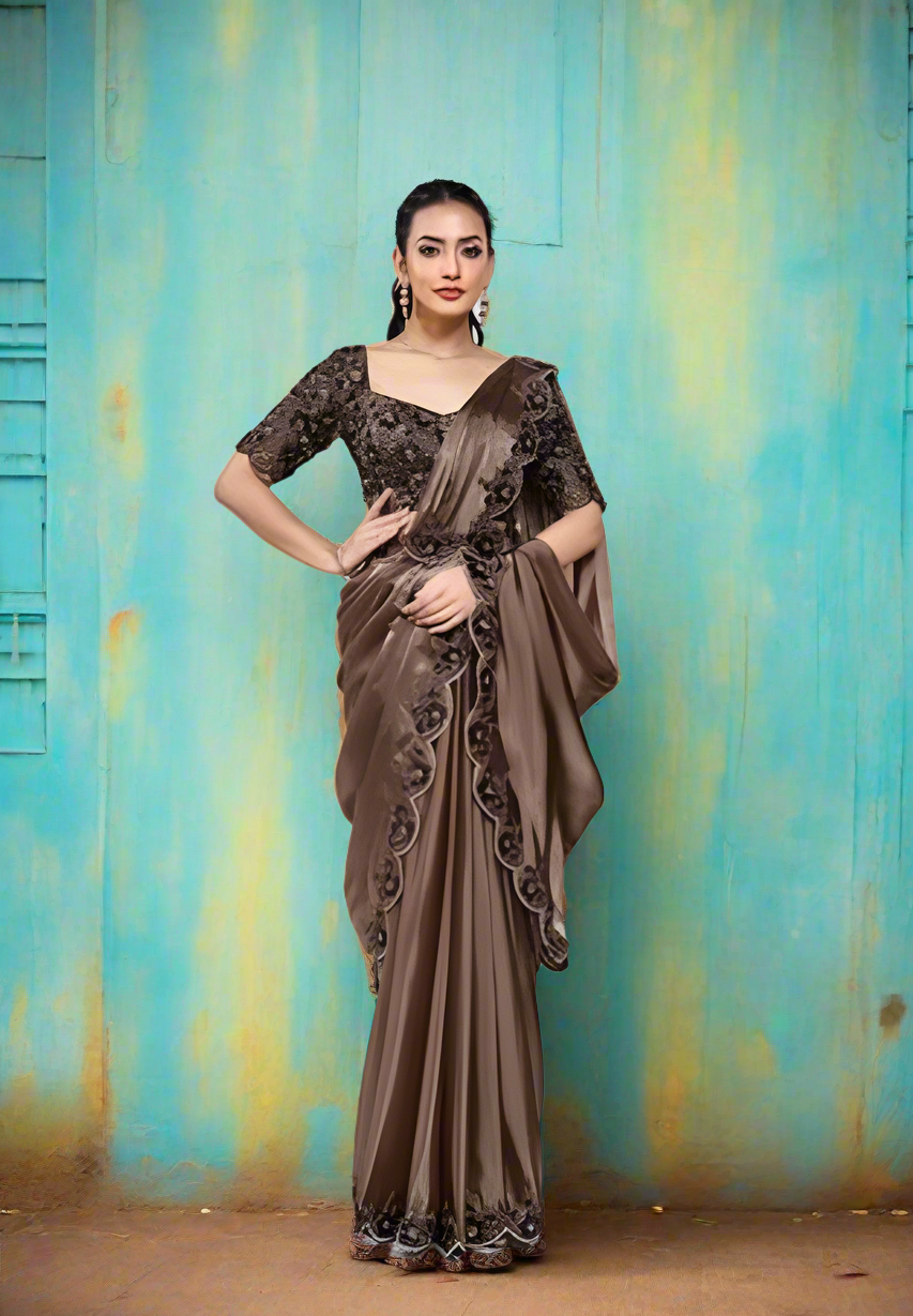 Crepe Silk Saree with Embroidery works Dark Chocolate Floral work with Blouse