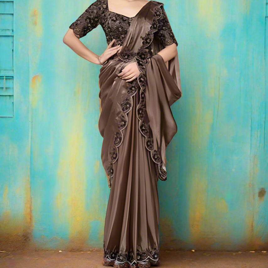 Crepe Silk Saree with Embroidery works Dark Chocolate Floral work with Blouse 1108