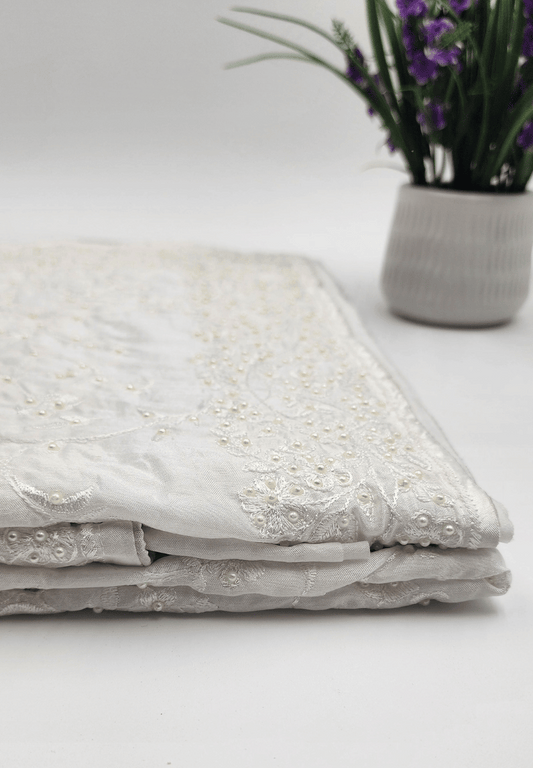 Satin white Saree with bead works - Eljoys Fashion 