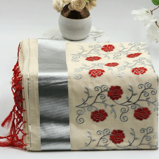 Tissue silk Saree in floral design Red with Silver lining Eljoys Fashion