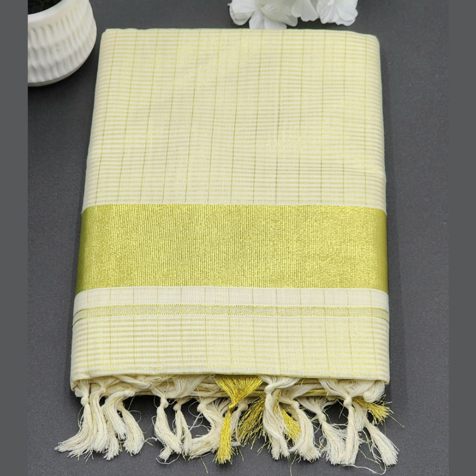 Tissue Silk Kerala Saree Medium Golden border and full body cross line work Eljoys Fashion