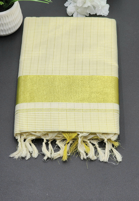Tissue Silk Kerala Saree Medium Golden border and full body cross  line work - Eljoys Fashion 
