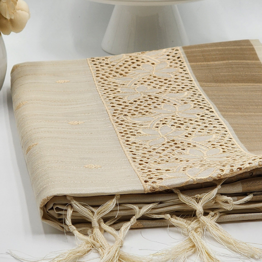 Linen Saree with cut work in Beige and chocolate border combo Eljoys Fashion