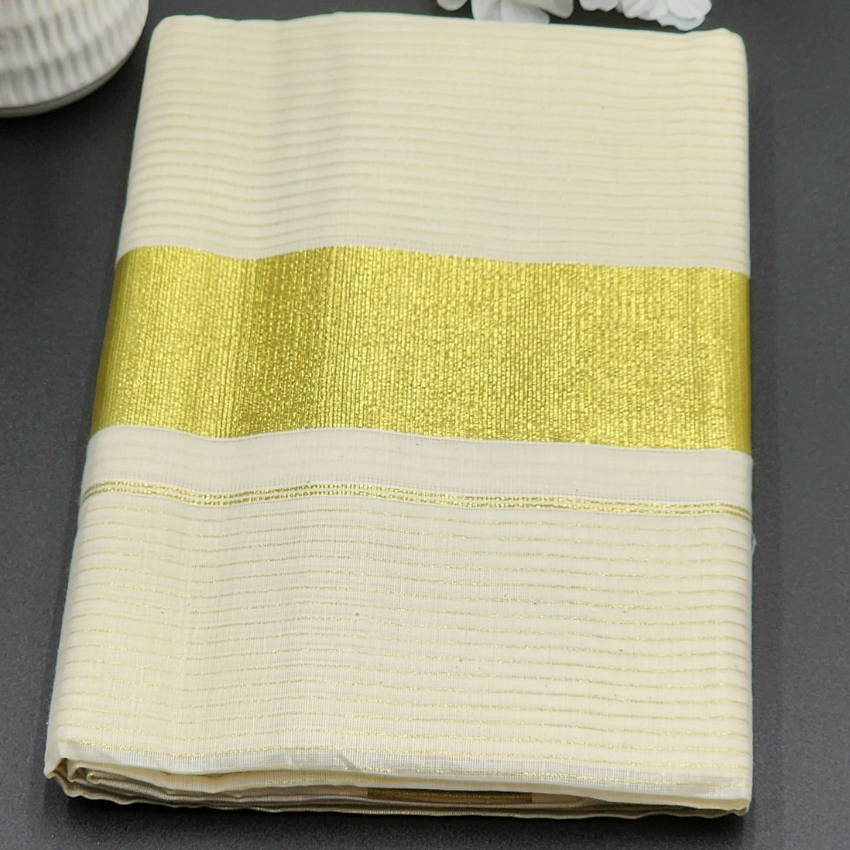 Tissue Silk Traditional Kerala saree with medium gold border and horizontal full body line
