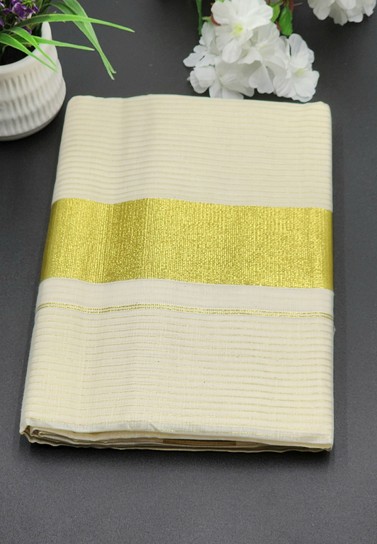 Tissue Silk Traditional Kerala saree with medium gold border and horizontal full body line Eljoys Fashion