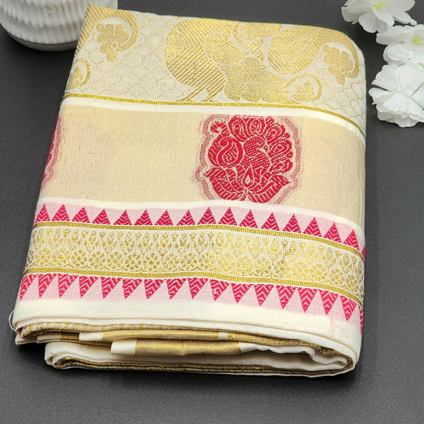 Traditional Kerala saree Peacock design in red and golden hues Eljoys Fashion
