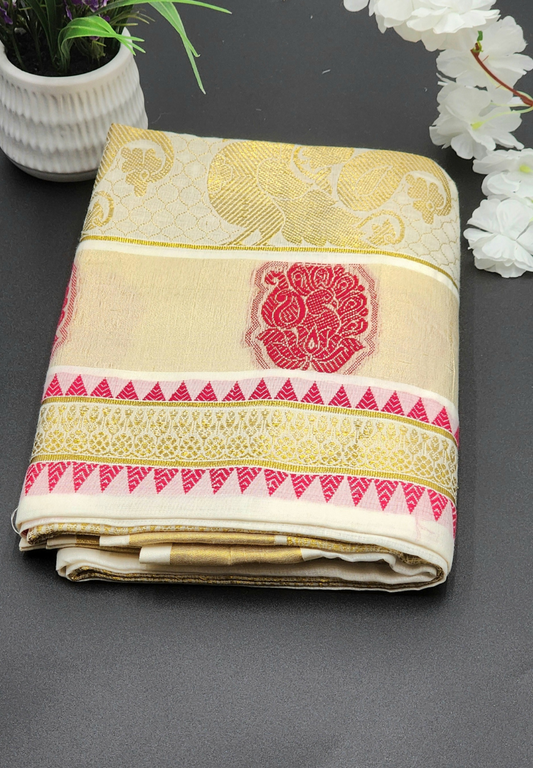 Traditional Kerala saree Peacock design in red and golden hues - Eljoys Fashion 