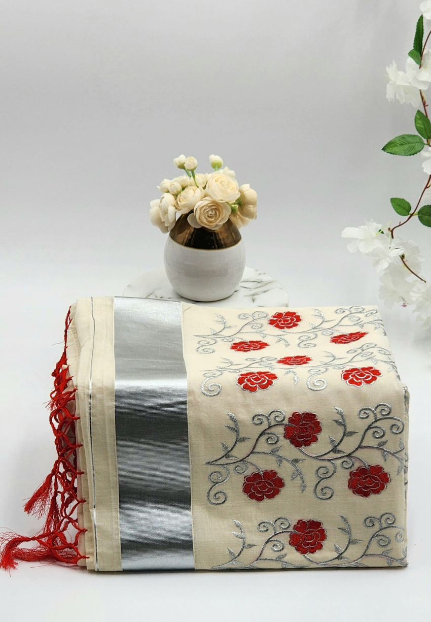 Tissue silk Saree in floral design Red with Silver lining Eljoys Fashion