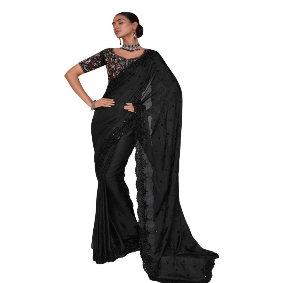 Chiffon saree with sequence and bead work  Black - Eljoys Fashion 