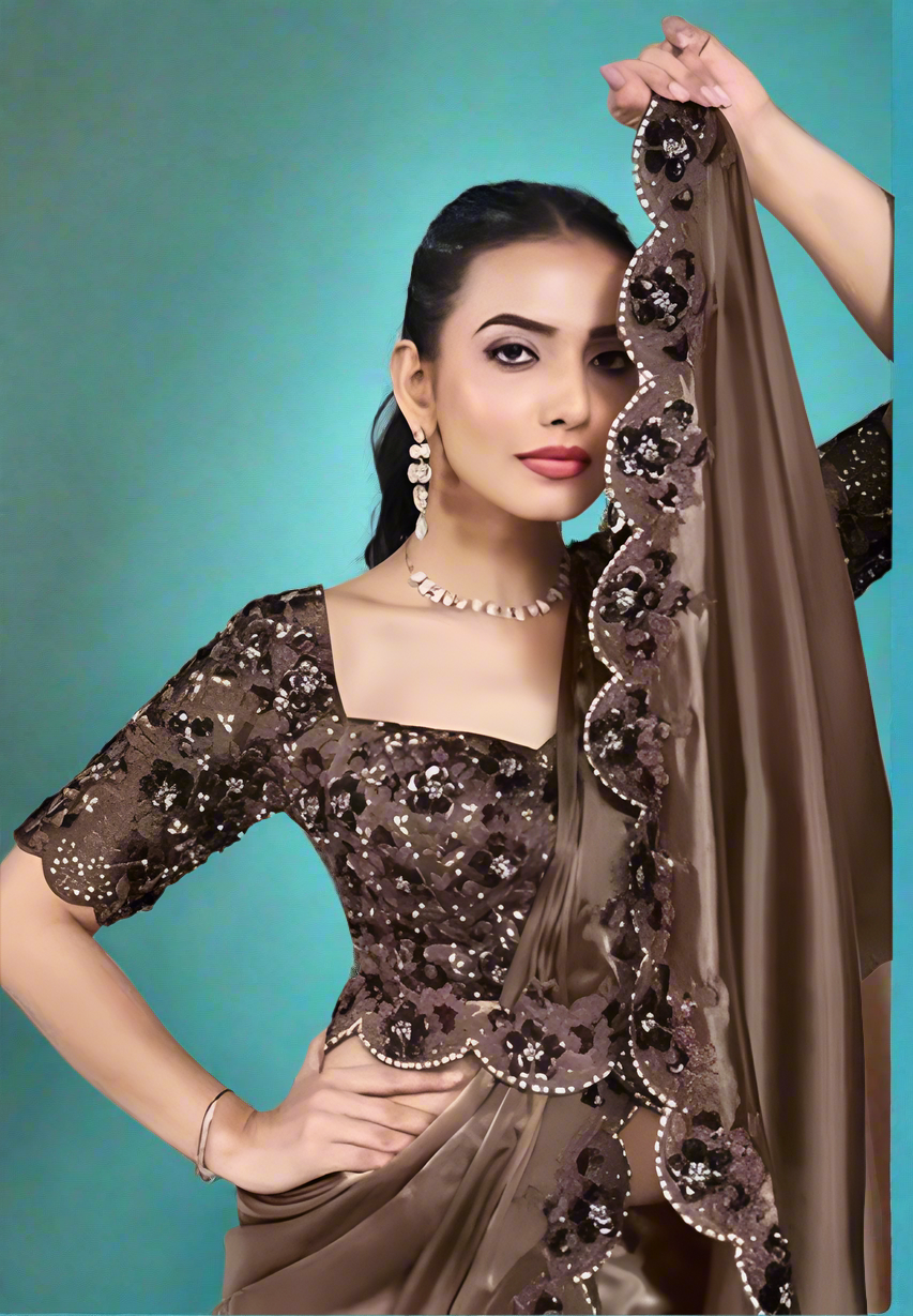Crepe Silk Saree with Embroidery works Dark Chocolate Floral work with Blouse