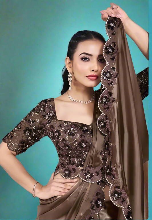 Crepe Silk Saree with Embroidery works Dark Chocolate Floral work with Blouse