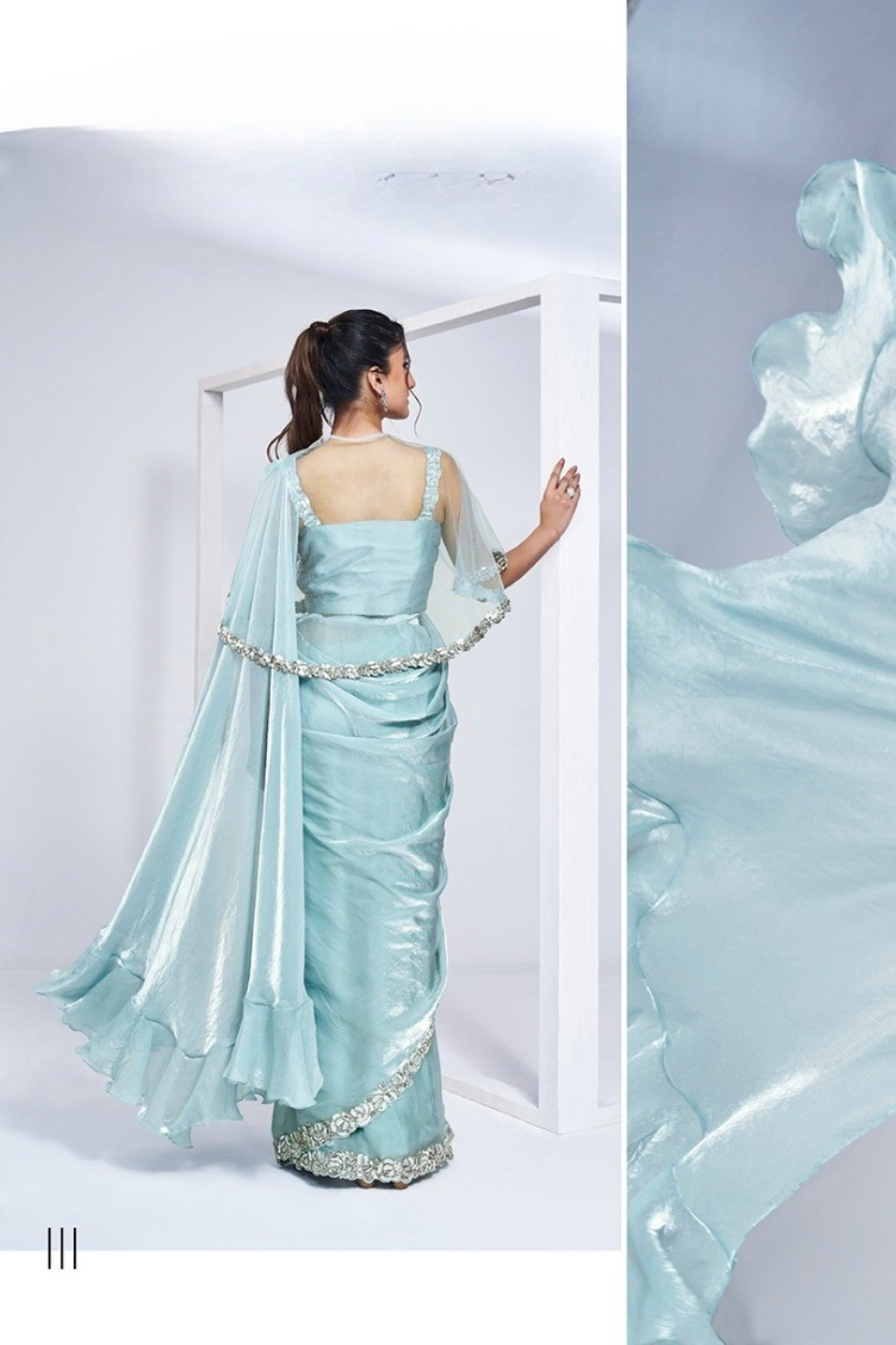 Designer Heavy Ready To Wear Saree Party Wear Two Tone Satin Silk Ice Blue