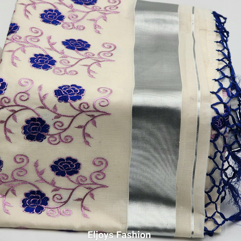 Tissue silk Saree in floral design violet and pink combination with silver lining Eljoys Fashion