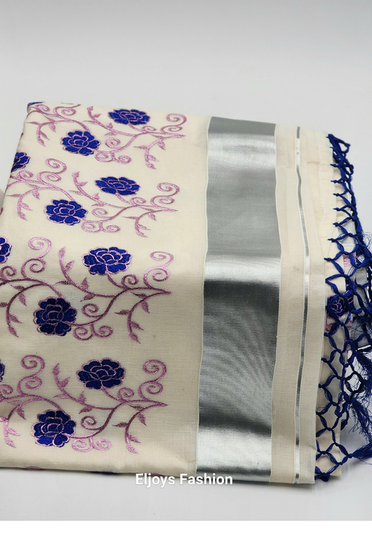 Tissue silk Saree in floral design violet and pink combination with silver lining