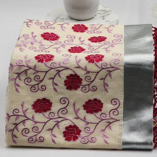 Tissue silk Saree in floral design violet and lavender hue with Silver lining Eljoys Fashion