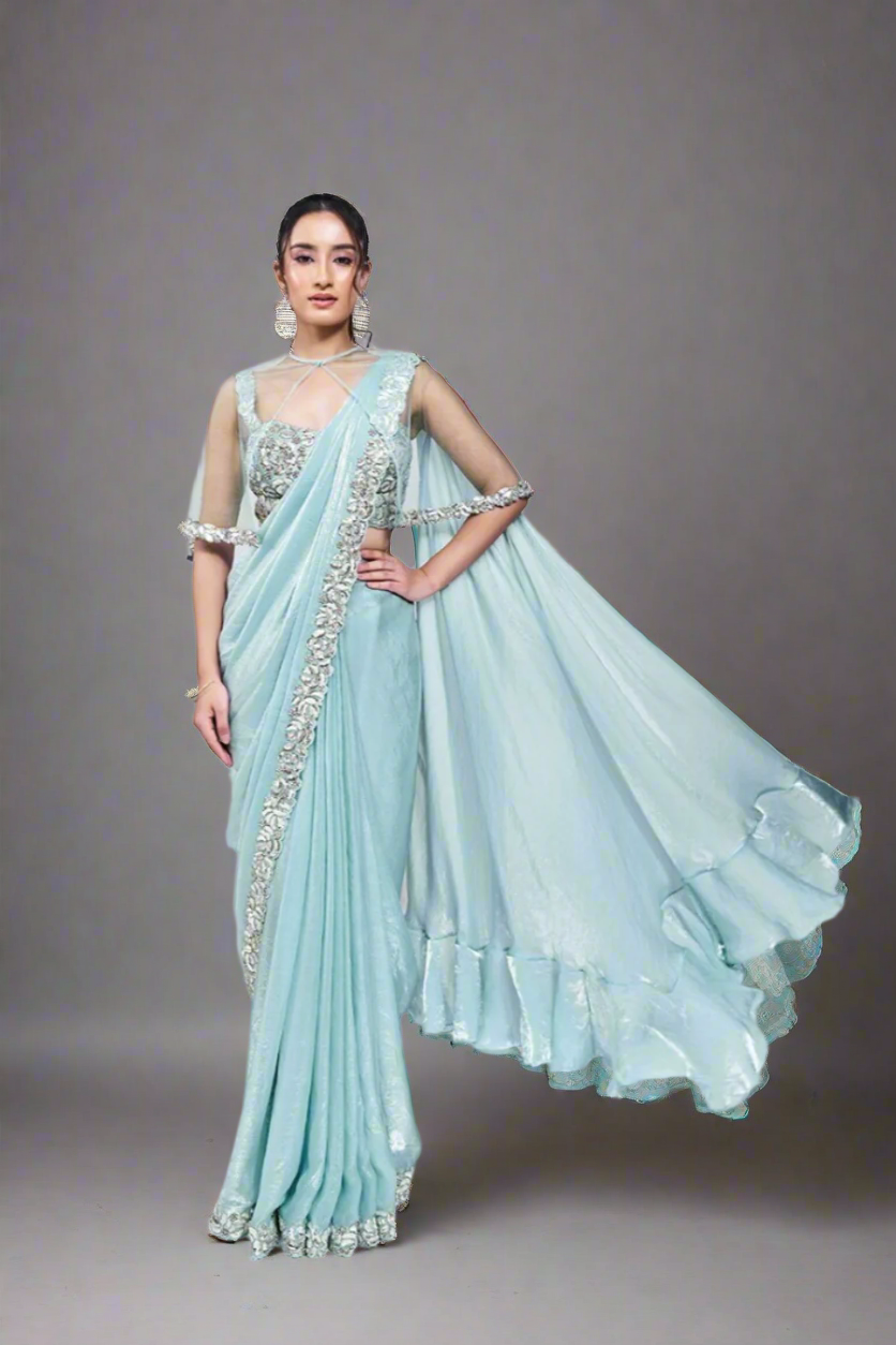 Designer Heavy Ready To Wear Saree Party Wear Two Tone Satin Silk Ice Blue