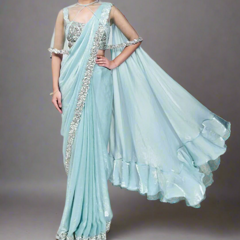 Designer Heavy Ready To Wear Saree Party Wear Two Tone Satin Silk Ice Blue 1114