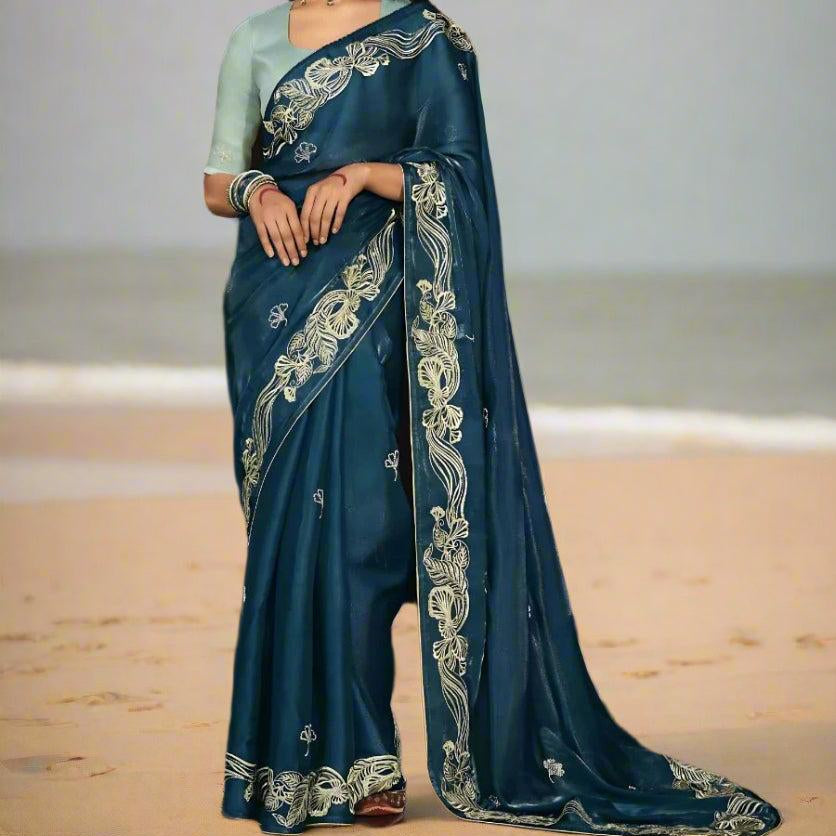 Pure Soft Silk and Fancy Fabric Designer Embroidery Work Saree - Silky Blue 1117