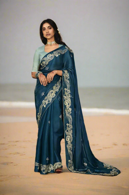 Pure Soft Silk and Fancy Fabric  Designer Embroidery Work Saree - Silky Blue