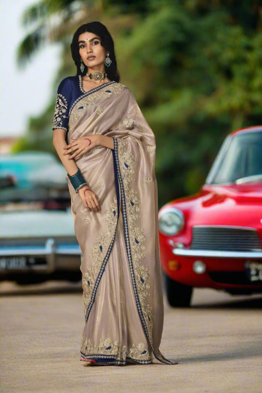 Pure Soft Silk and Fancy Fabric  Designer Embroidery Work Saree - silky silver brown