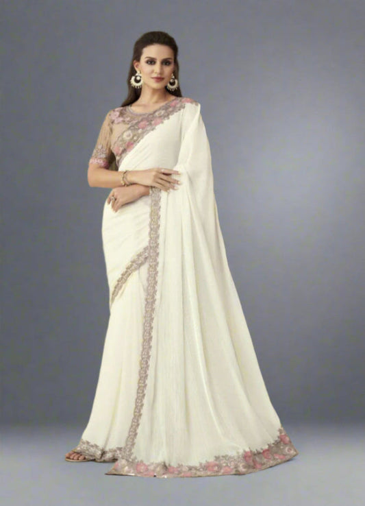 Designer Fancy Partywear Indian Saree Fancy Fabric , Soft Silk  White Embroidery works