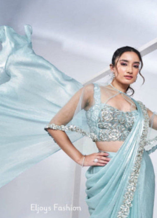 Designer Heavy Ready To Wear Saree Party Wear Two Tone Satin Silk Ice Blue