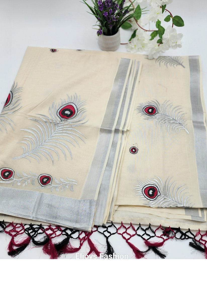 Tissue Silk South Indian Saree with silver red black Combo covert design Eljoys Fashion