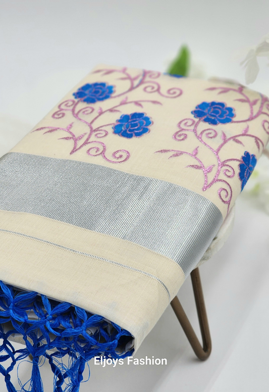 Tissue Silk south indian saree floral design blue and pink combo
