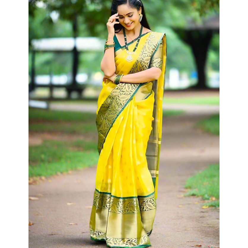 Soft Lichi Silk Designer Saree Yellow 1112