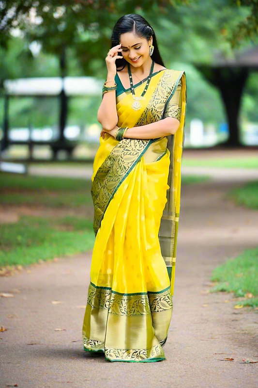 Soft Lichi Silk Designer Saree Yellow