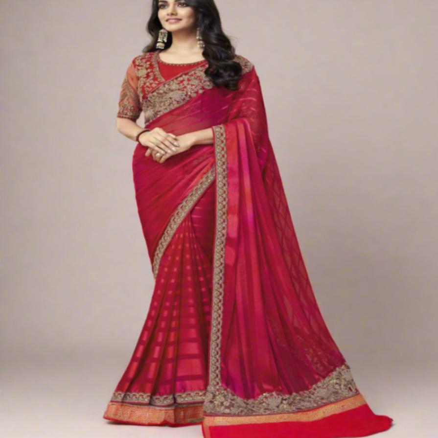 Bollywood Designer party wear Saree Soft silk Red with embroidery works 1110