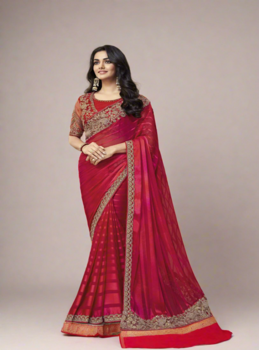 Bollywood Designer party wear Saree Soft silk Red with embroidery works
