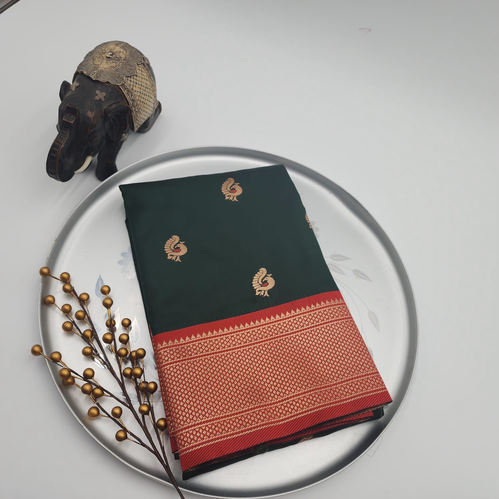 Paithani Soft Peshwai Designer Saree dark Green with Red border- 1125