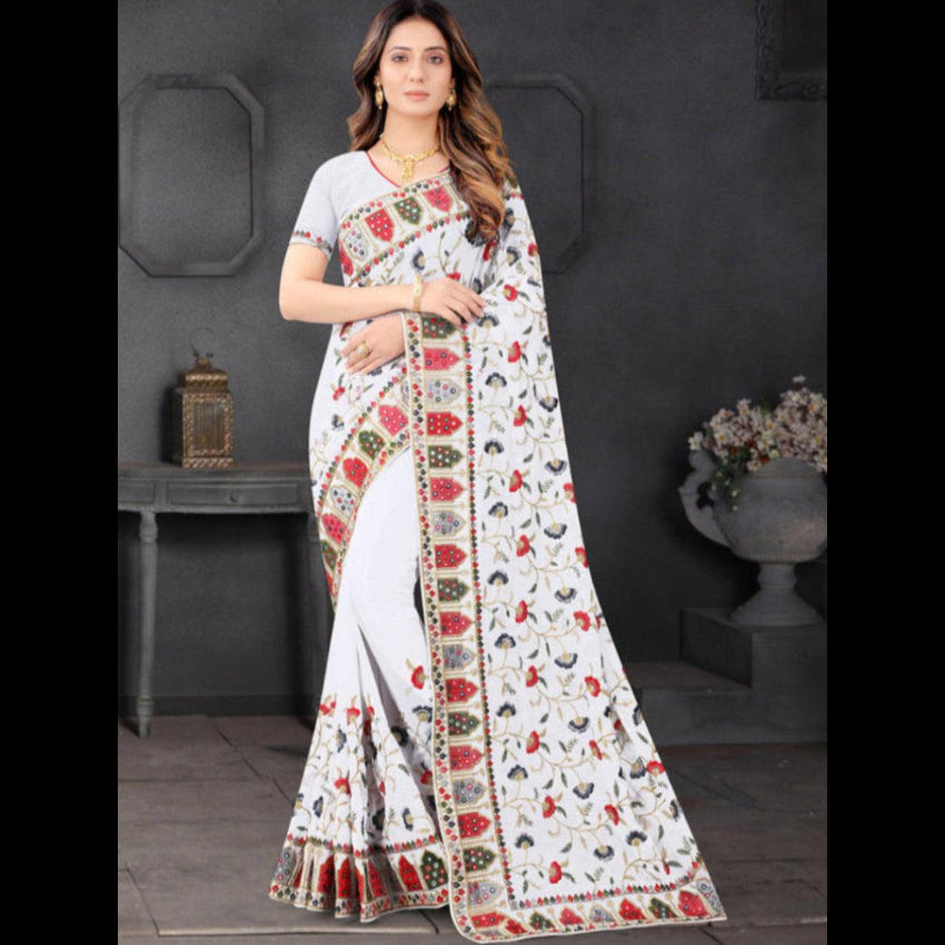 Georgette Festival Wear Sequins Work Saree White Eljoys Fashion