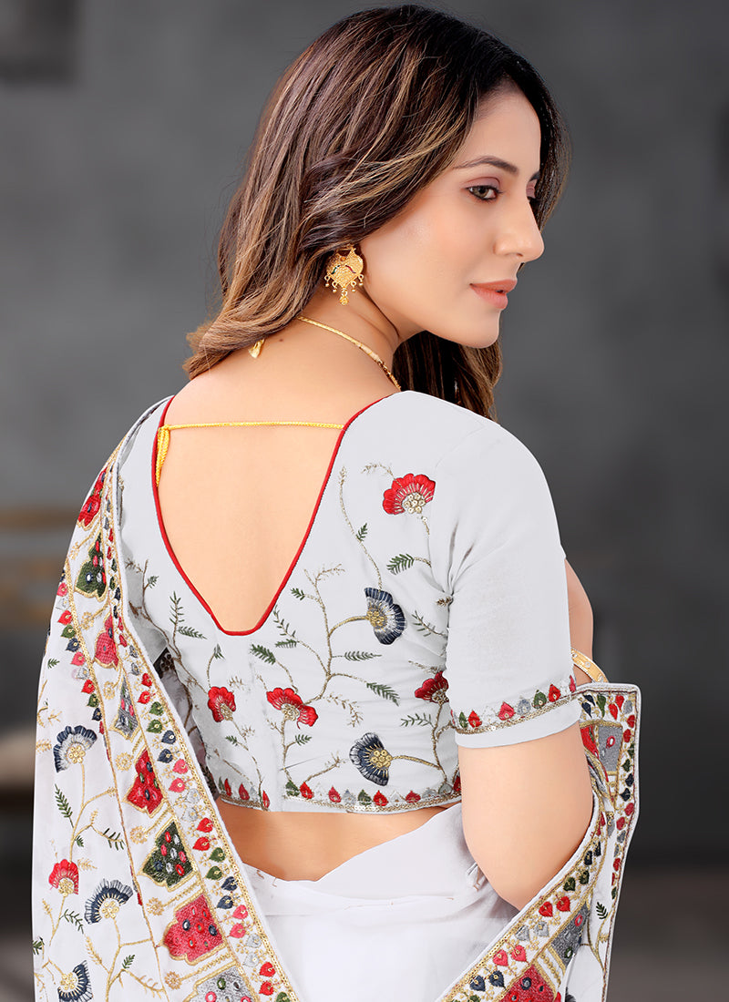 Georgette Festival Wear Sequins Work Saree  White