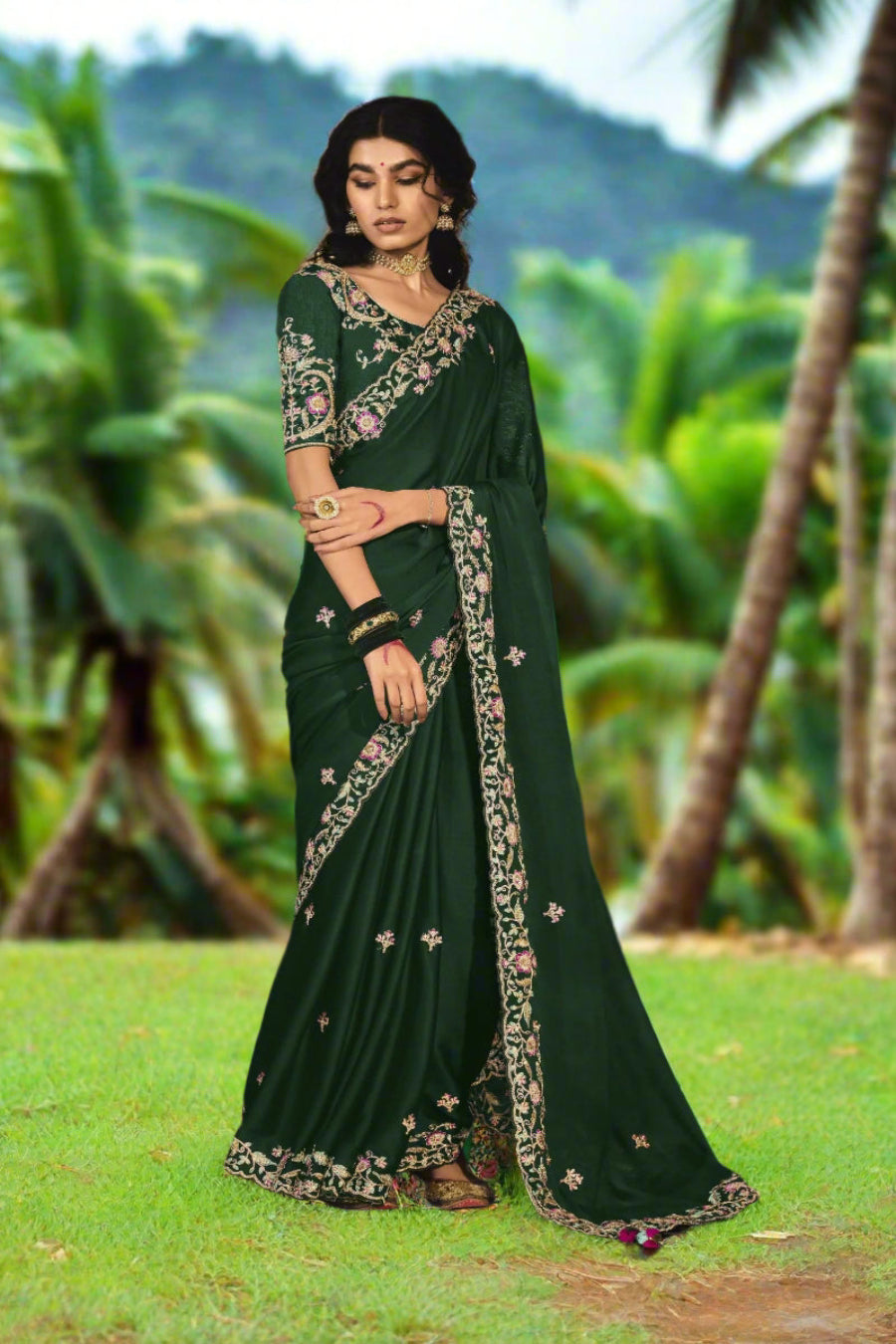 Pure Soft Silk and Fancy Fabric  Designer Embroidery Work Saree - Dark Green