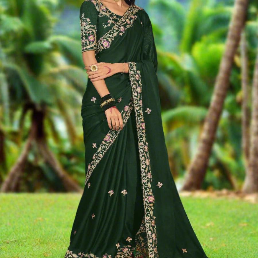 Pure Soft Silk and Fancy Fabric Designer Embroidery Work Saree - Dark Green 1118