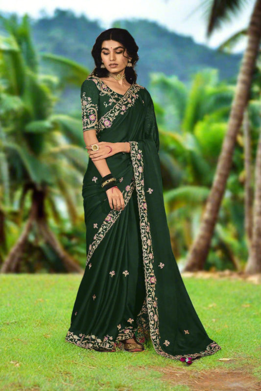 Pure Soft Silk and Fancy Fabric  Designer Embroidery Work Saree - Dark Green