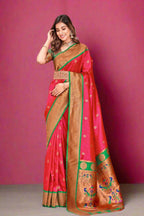 Soft Peshwai Paithani Silk Pinkish red and greenn 1127