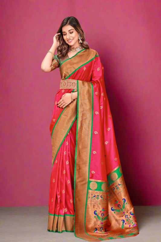 Soft Peshwai Paithani Silk Pinkish red and green