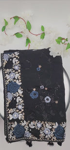 Georgette  Saree - bead  work  and embroidery Black 1120