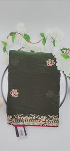 Pure Soft Silk and Fancy Fabric  Designer Embroidery Work Saree - Dark Green 1118