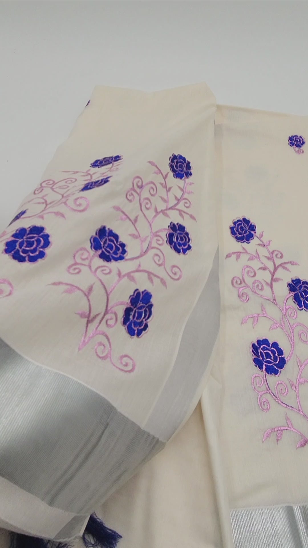 Tissue silk Saree in floral design violet and pink combination with silver lining 2104