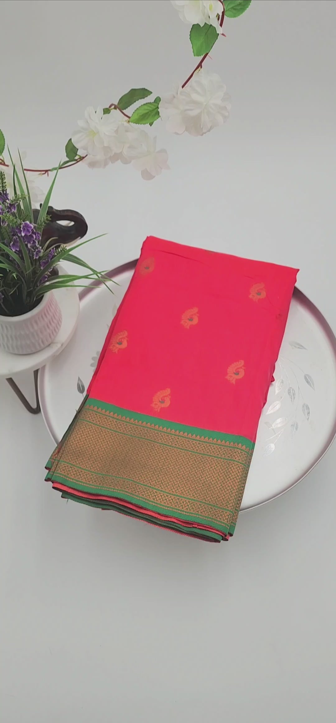 Soft Peshwai Paithani Silk Pinkish red and greenn 1127