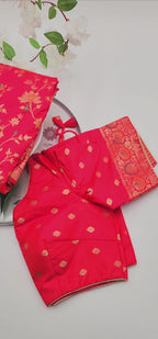 Banarasi Silk-Festival Wear Saree - Pinkish Red with Blouse and Skirt 1136
