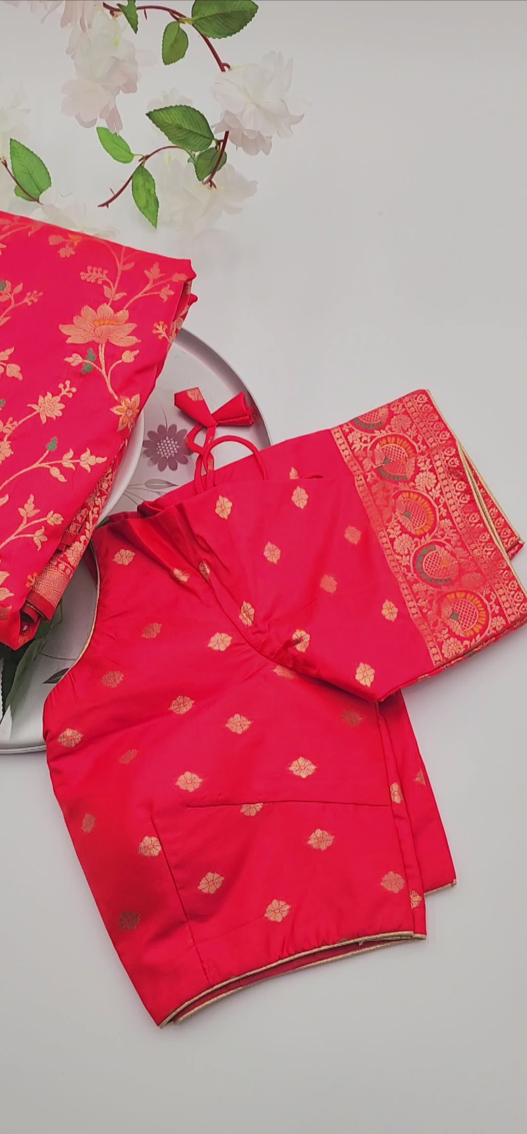 Banarasi Silk-Festival Wear Saree - Pinkish Red with Blouse and Skirt 1136