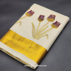 Kerala Saree 4 inch wide golden border and embroidered Tulip works on body 2145