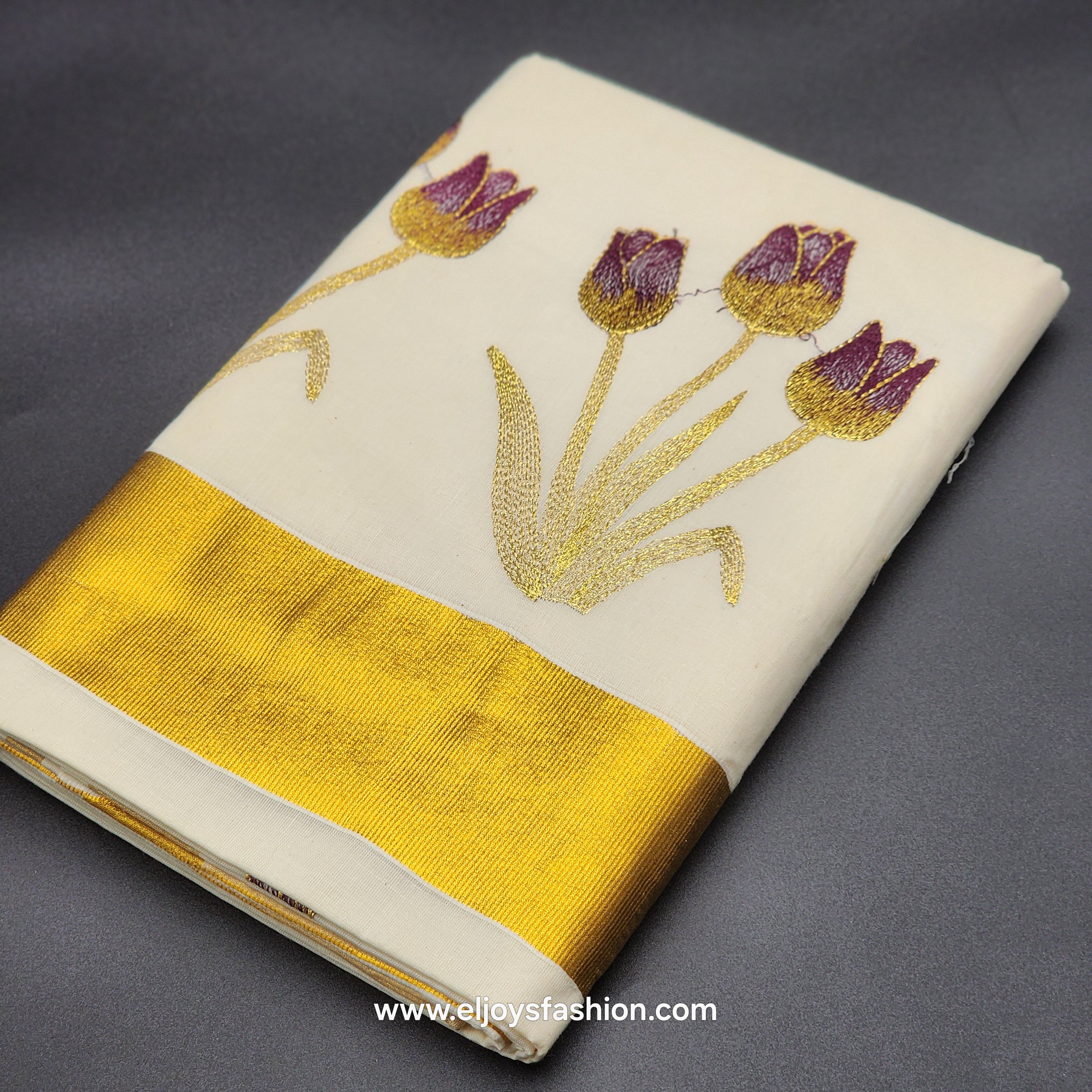 Kerala Saree 4 inch wide golden border and embroidered Tulip works on body 2145